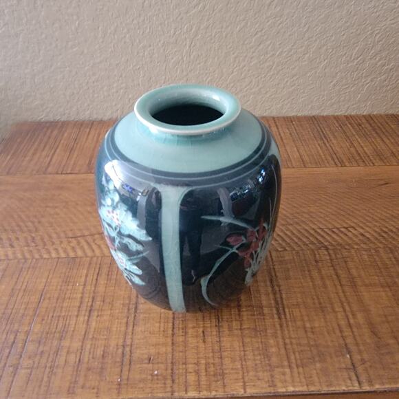 Vintage Hand Painted Ceramic Vase with Floral Motif and Glossy Glaze 6.75 Inch - Picture 3 of 10